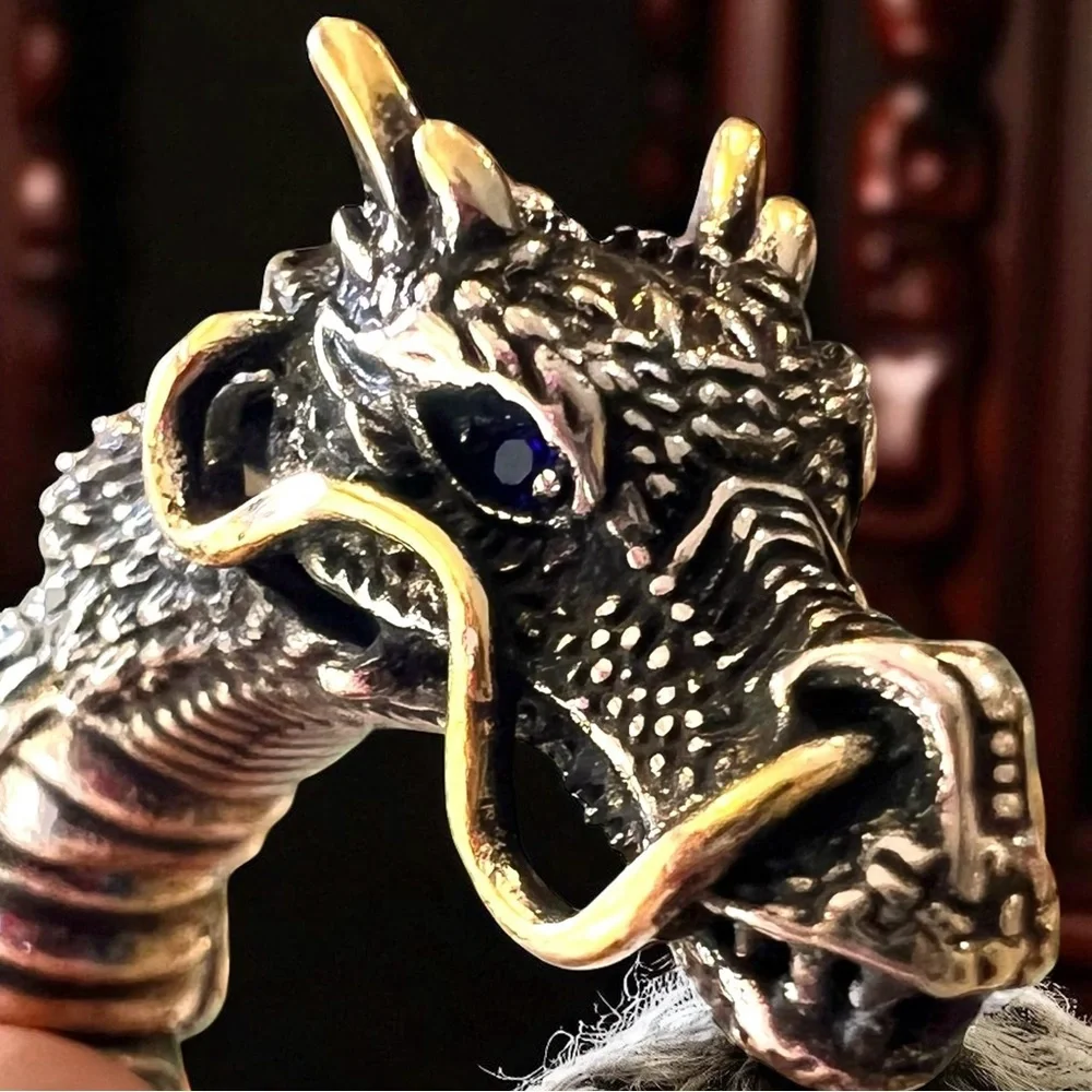 Bold Silver and Brass Toned Ouroboros Blue Eyed Dragon Bracelet 8.5”